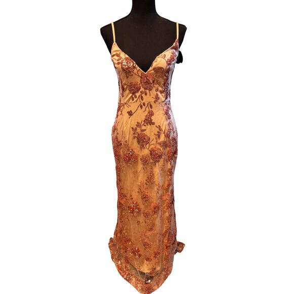 Lulus NWT Sequin Floral Lace Maxi Dress Spaghetti Strap Formal Evening Gown Sz L - Picture 3 of 9